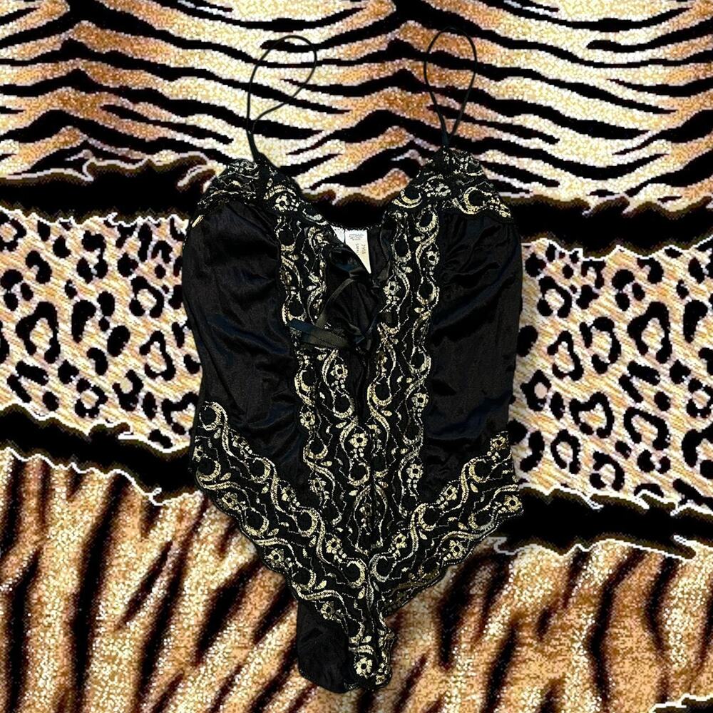 Black and gold sleek satin luxe lace romper lingerie